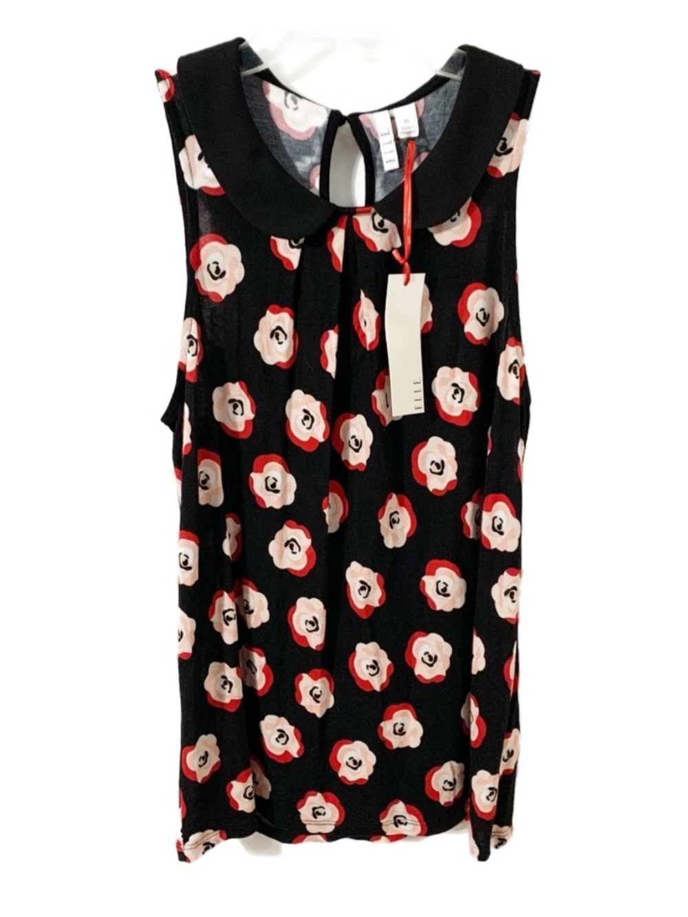 NWT Elle Sleeveless Rose Print Blouse Peter Pan Collar Keyhole Closure 🖤🩷❤️🤍